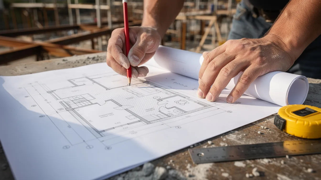 A close-up view of a person's hands carefully examining architectural blueprints on a construction site table, highlighting the intricate details of the plans that are essential for real estate investors and construction projects in New York City. The scene reflects the meticulous planning involved in securing hard money loans for investment properties and new construction.