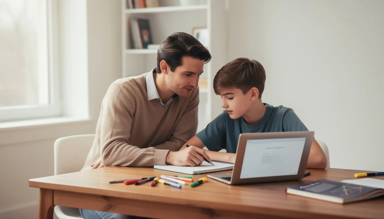 Das Bild zeigt einen Nachhilfelehrer, der einem Schüler bei seinen Mathematikaufgaben hilft. Auf dem Tisch liegen Lehrbücher und Materialien, während der Schüler aufmerksam Fragen stellt und Notizen macht, um seine Lernfortschritte zu fördern.