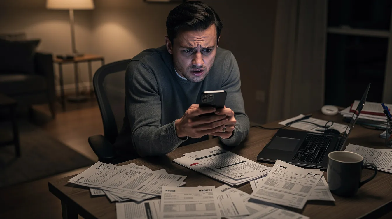 A person sits at a cluttered desk with a worried expression, staring at their mobile phone while surrounded by scattered papers and bills. The scene reflects the stress of managing financial issues, such as debt restructuring and loan repayments.