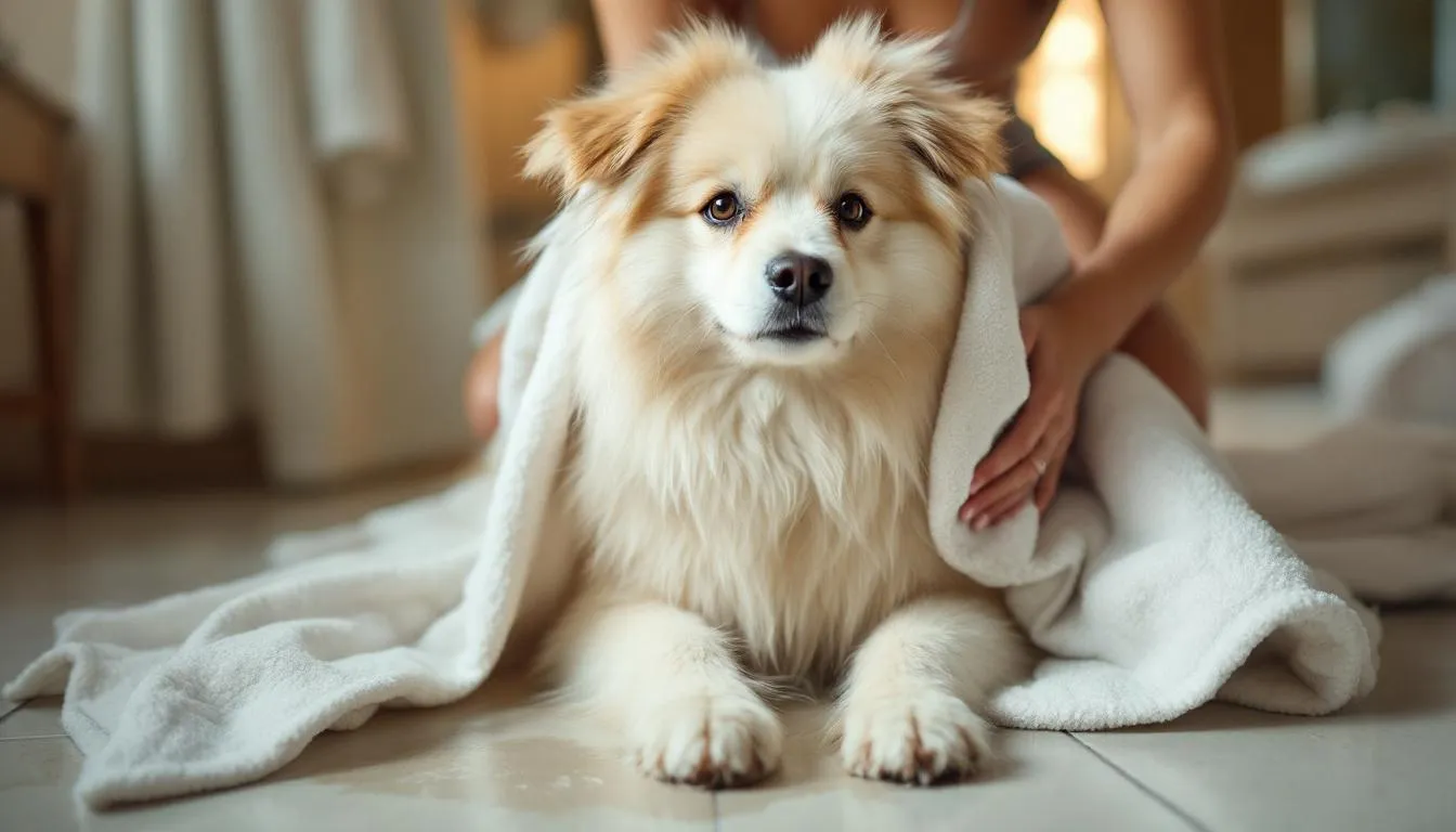 A fluffy dog with long hair is being gently dried with a large towel after a bath, showcasing its clean coat and adorable face. The dog