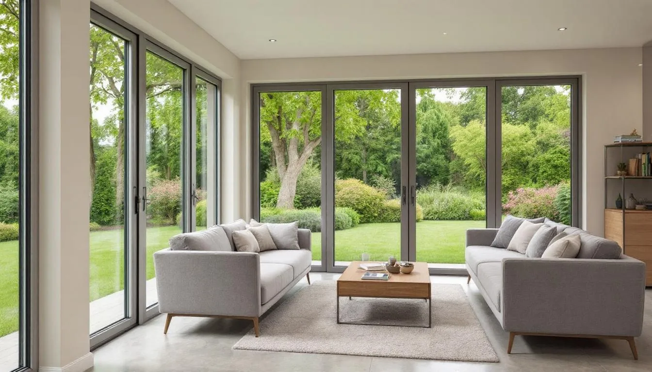 The image depicts a fully insulated garden room, showcasing its sleek design with double glazed windows and durable insulated walls, ideal for year-round comfort and versatile use as a home office or garden retreat. This energy-efficient building provides extra space while protecting sensitive items from extreme weather conditions.