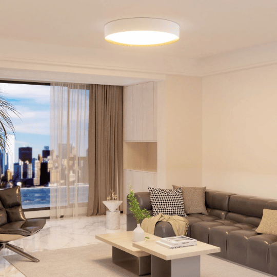 Modern entryway lighting with a sleek round flush mount ceiling light, illuminating a contemporary living space with a soft, even glow for a clean and elegant look.