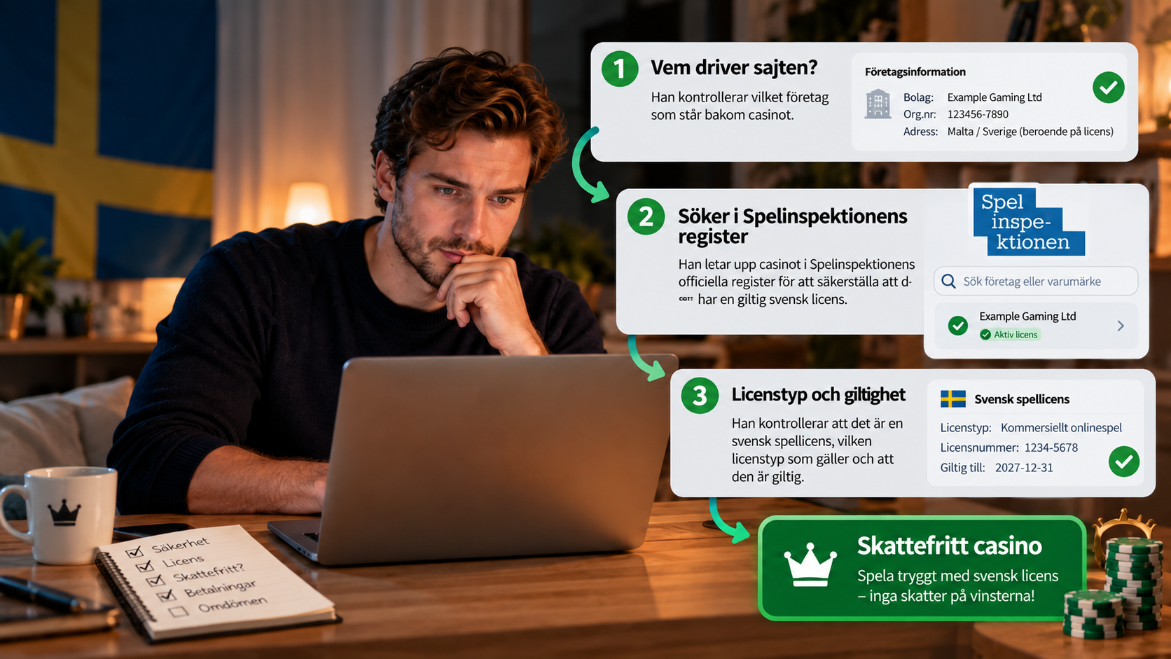 Illustration visar hur du kontrollerar casinooperatörens uppgifter, licens i Spelinspektionens register och licensens giltighet.