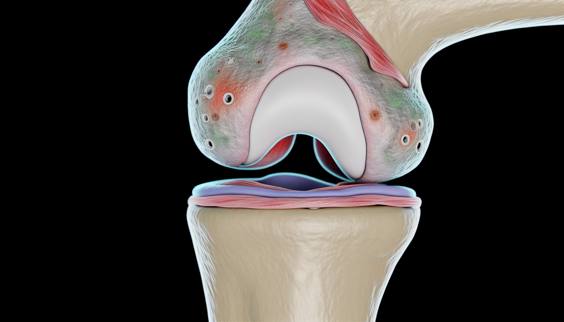 A close-up of a human knee joint with a focus on joint degeneration