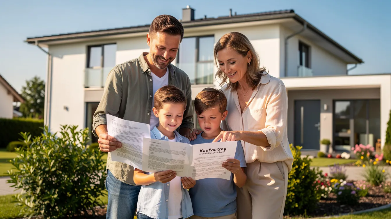 Das Bild zeigt eine Familie, die vor ihrem neuen Haus steht und gemeinsam Dokumente betrachtet, möglicherweise im Zusammenhang mit der Immobilienfinanzierung und dem Thema Annuitätendarlehen. Sie scheinen über wichtige Aspekte wie Kreditbetrag, Tilgung und Zinsen zu diskutieren.