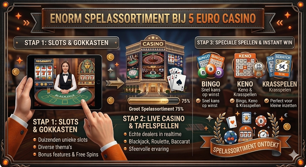 Infographic over het spelaanbod bij een 5 euro deposit casino, met duizenden slots, live casinospellen, bingo, keno en krasspellen, voorbeeld van een online casino met minimale storting van 5 euro en een breed spelaanbod voor Nederlandse spelers.