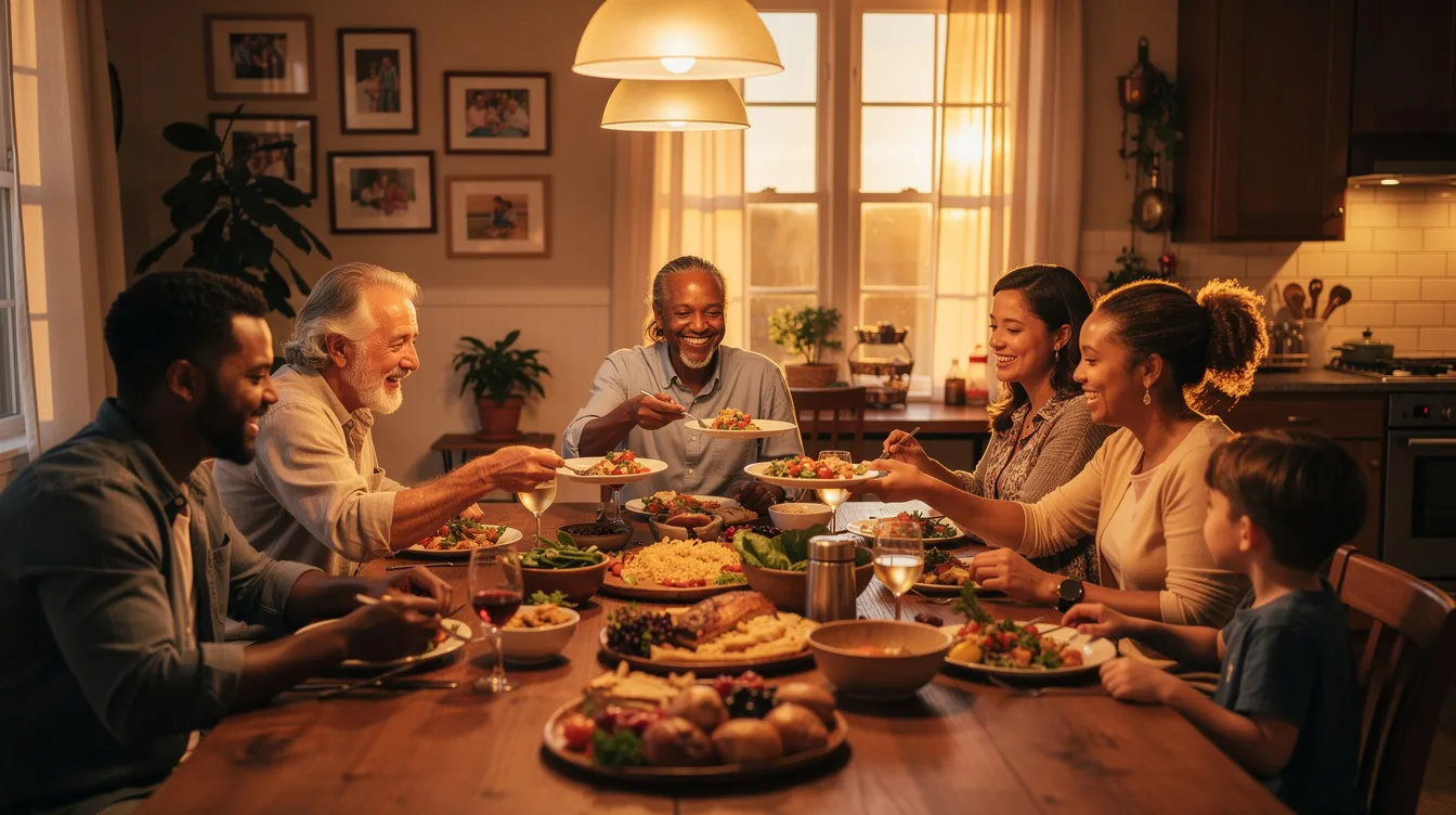 A couple is enjoying a dinner surrounded by a warm and lively extended family, reflecting the strong family-oriented values often found in Latino culture. The atmosphere is filled with laughter and conversation, showcasing the importance of cultural heritage and togetherness in relationships, particularly when dating a Latina.