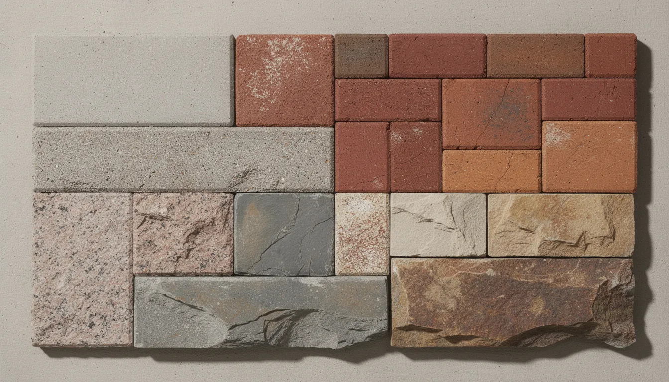 The image showcases a close-up view of various paver textures, including concrete, brick, and natural stone samples, highlighting the diverse hardscape materials used in landscape design. These hardscape elements contribute to outdoor spaces, enhancing the visual appeal and structural integrity of outdoor living areas.