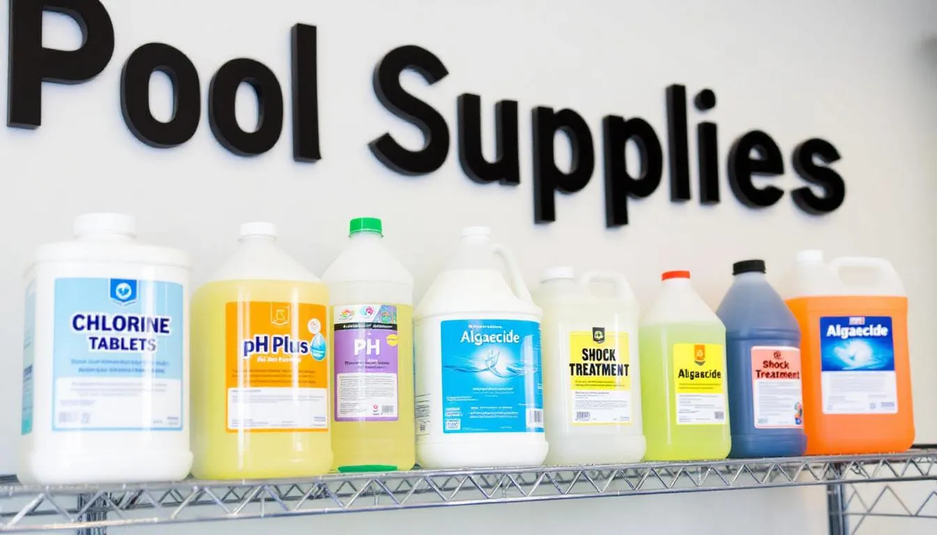 The image showcases a variety of swimming pool chemicals displayed in a pool store, including chlorine tablets, alkalinity increasers, and pool shock, essential for maintaining proper water chemistry and ensuring a safe swimming experience for pool owners. Various labels highlight important aspects of pool maintenance, such as free chlorine levels and calcium hardness, helping customers understand how to keep their pool water clean and balanced.