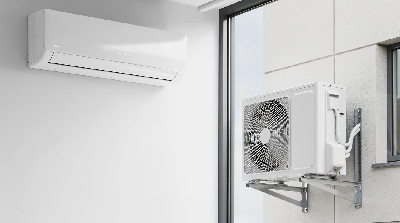 The image features a sleek, modern white wall-mounted split air conditioner indoor unit, positioned next to its outdoor condenser unit mounted on an exterior wall bracket. This setup is ideal for cooling and heating large rooms, providing year-round comfort with a professional installation option for optimal performance.