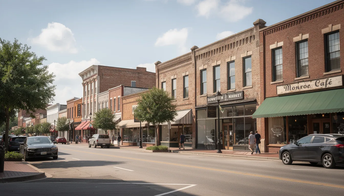 The image shows a bustling streetscape of downtown Monroe, Louisiana, featuring a mix of modern buildings and historic architecture, with pedestrians walking along the sidewalks. This vibrant area is a hub for social security disability attorneys and law firms, providing essential services for individuals seeking social security disability benefits and assistance with their claims.