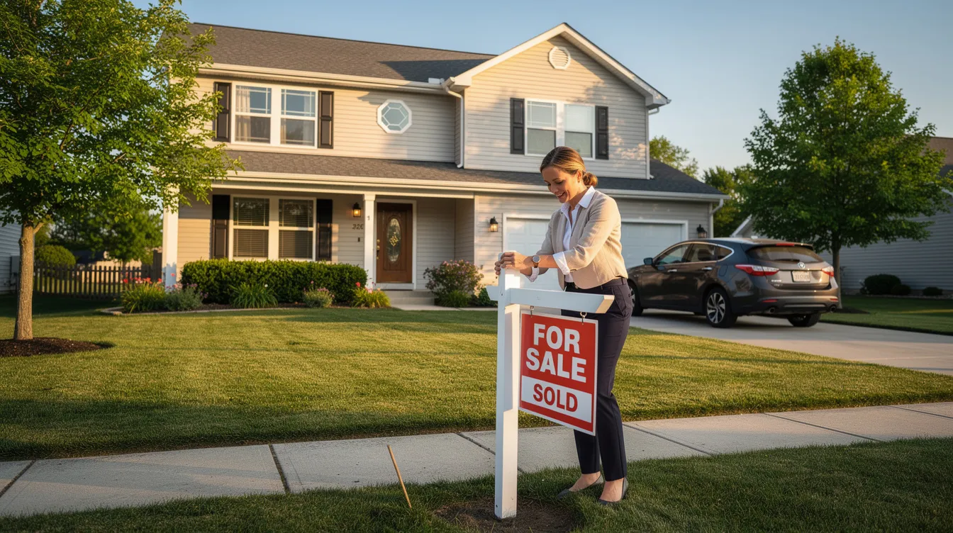 The image shows a suburban house with a "For Sale" sign being removed, indicating a transition in ownership. This scene reflects the financial decisions often faced by homeowners, which may involve seeking advice from experienced bankruptcy attorneys to navigate overwhelming debt and regain control of their financial future.
