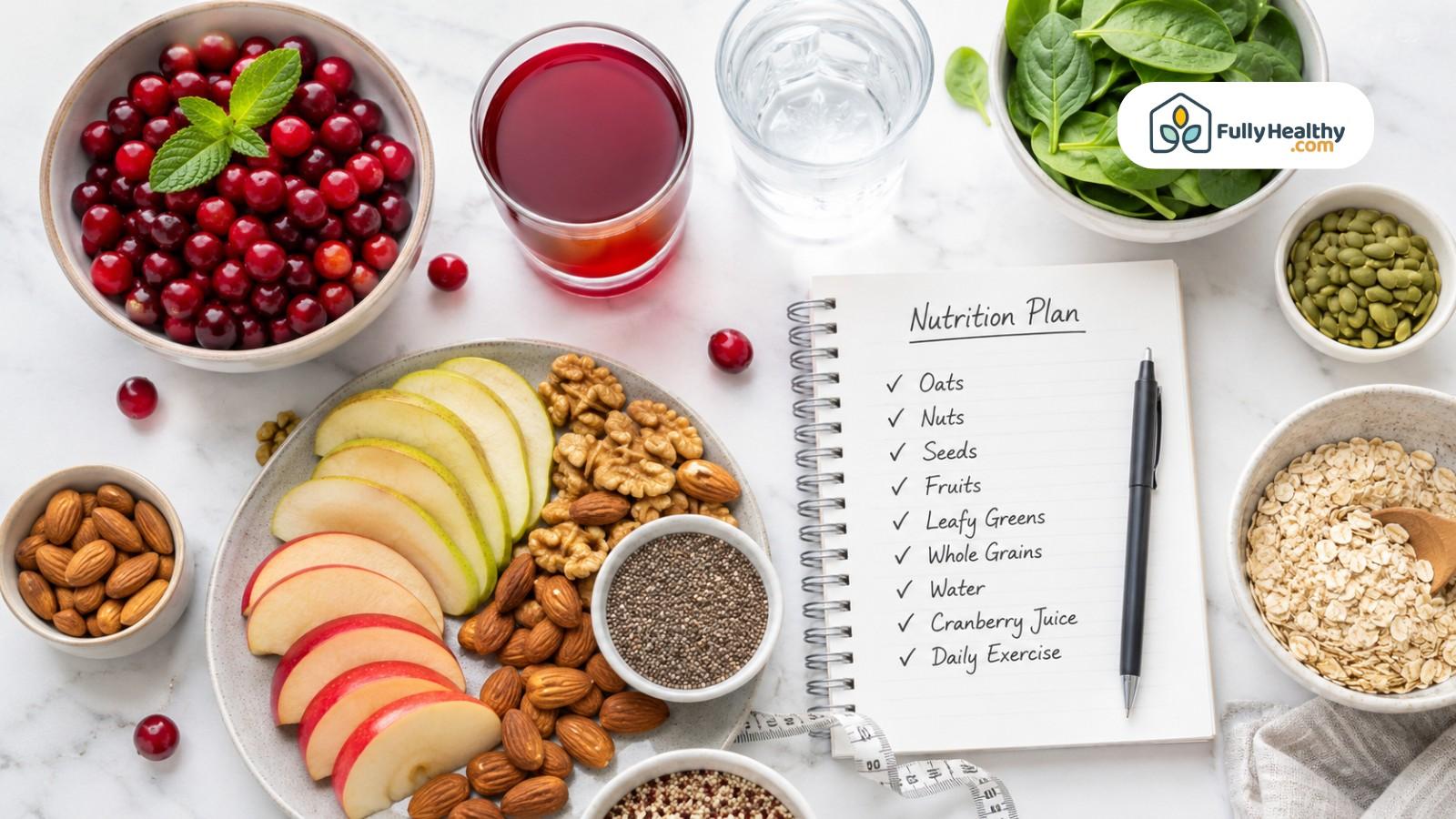 Cranberry nutrition plan with juice, fruits, nuts, seeds, oats, and greens