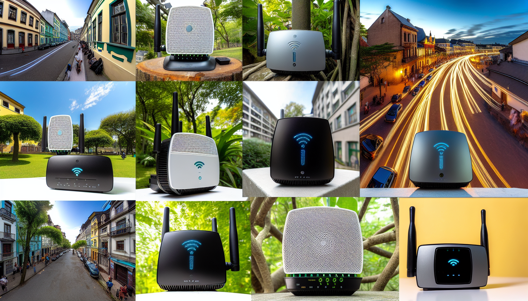 Group of outdoor Wi-Fi extenders in different outdoor settings