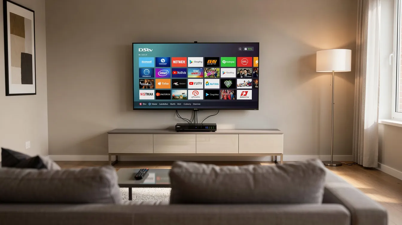 The image shows a DStv decoder connected to a living room television, displaying various channels. The setup includes a satellite dish visible in the background, indicating a professional installation for optimal signal quality.
