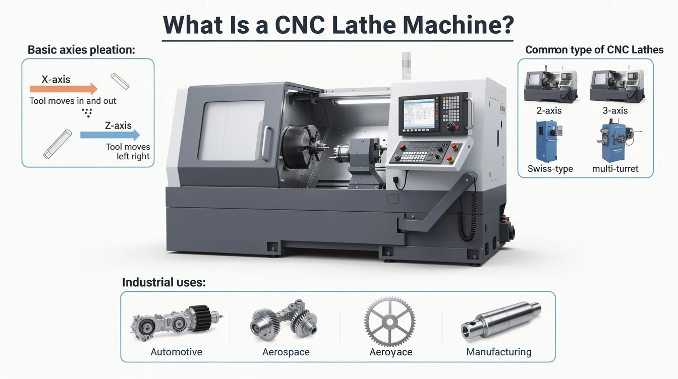 The image depicts a CNC lathe machine, showcasing its key components such as the tool turret and spindle motor, which are essential for the machining process. This computer-controlled machine tool is designed for high precision turning operations, allowing for the production of complex geometries and intricate parts across various industries.