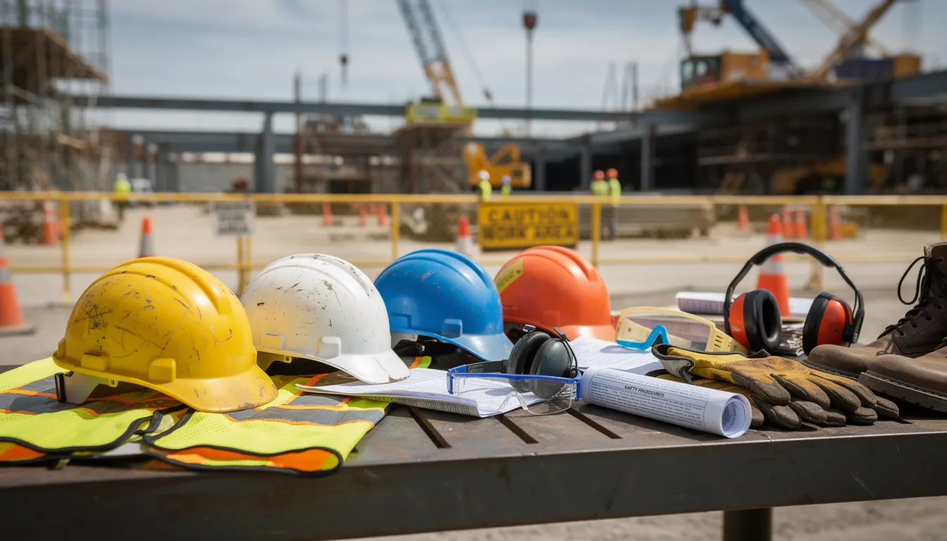 The image shows various industrial safety equipment and hard hats arranged at a construction site, emphasizing the importance of safety measures to prevent workplace injuries. This equipment is crucial for protecting workers and minimizing risks associated with serious accidents and on-the-job injuries.