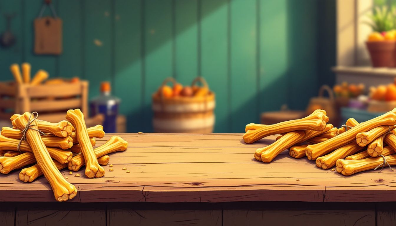 A selection of all-natural bully sticks displayed on a wooden surface.