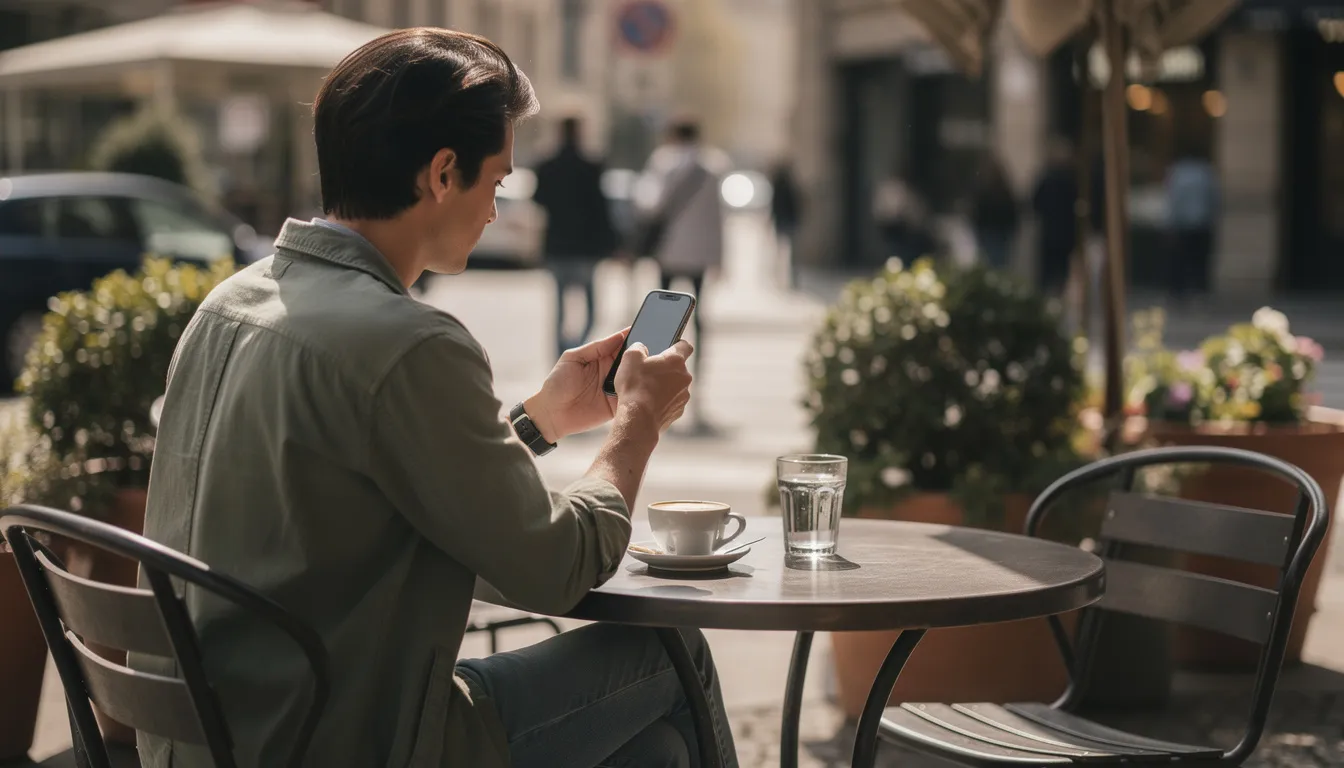 En person sitter på ett utomhuscafé och använder sin smartphone, troligtvis för att logga in på ett casino som Ninja Casino. Omgivningen är livlig med ljudet av prat och kaffemaskiner som surrar, vilket skapar en avslappnad atmosfär.