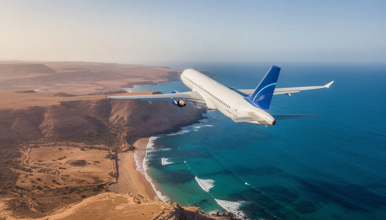 A commercial airplane soars above a stunning coastal Moroccan landscape, showcasing the vibrant blue ocean juxtaposed with the arid brown terrain. This image captures the essence of travel to Morocco, where the beauty of nature meets the allure of adventure for American tourists.