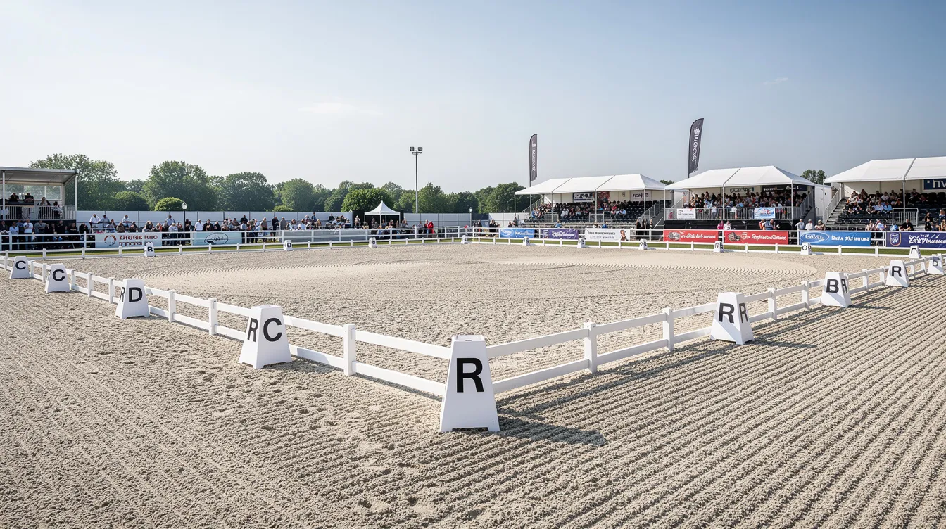 A wide shot of a dressage arena at a competition venue features letter markers and a white railing, setting the stage for dressage riders to showcase various movements and skills during recognized competitions. The arena is designed for systematic training and competitive dressage, highlighting the importance of discipline and understanding in equestrian sports.