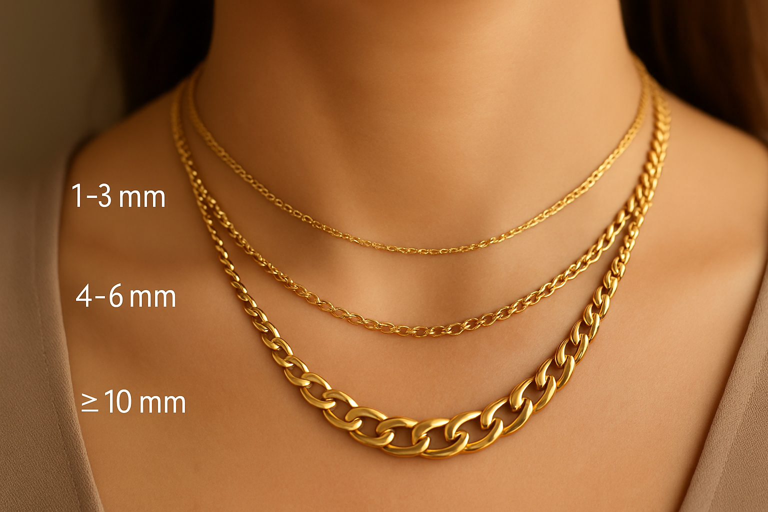 ant moters kaklo sluoksniuojasi trys skirtingo svorio auksinės grandinėlės