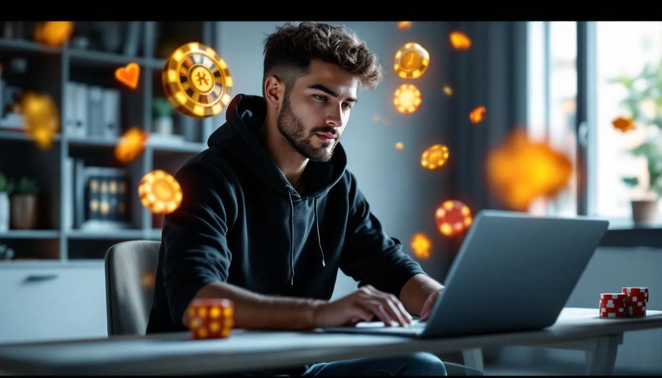 En person sitter framför en dator och läser vanliga frågor om utländska casinon, medan olika casino-relaterade ikoner svävar runt på skärmen. Bilden illustrerar intresset för att spela på utländska casinon och ger en känsla av att utforska information om bästa utländska casinon.