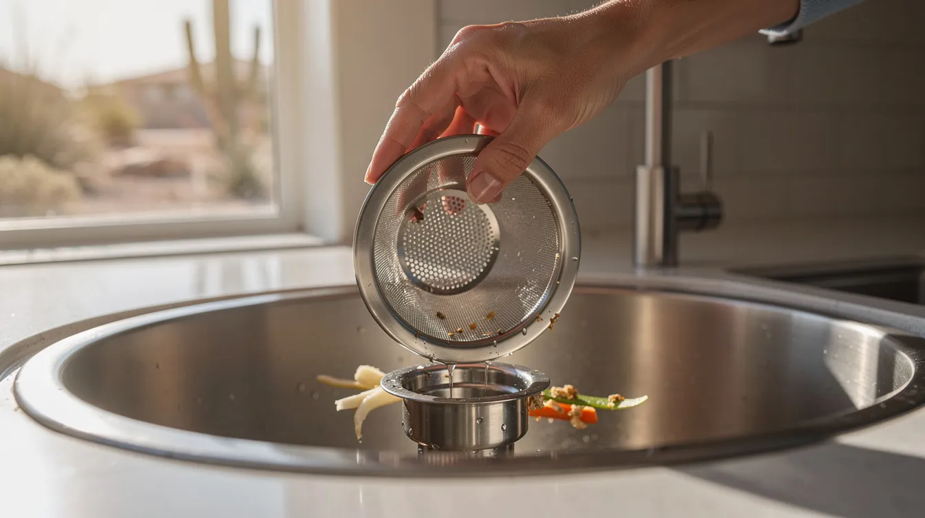 A Phoenix homeowner is placing a stainless steel sink strainer over a kitchen drain to prevent debris from entering the plumbing system, which can lead to sewer line issues and slow drains. This simple action helps avoid future sewer problems and maintain a healthy plumbing system.