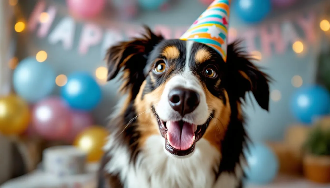 A close-up of a smiling border collie wearing a festive party hat, surrounded by soft-focus birthday decorations, captures the joy of a dog birthday celebration. The image highlights the pup