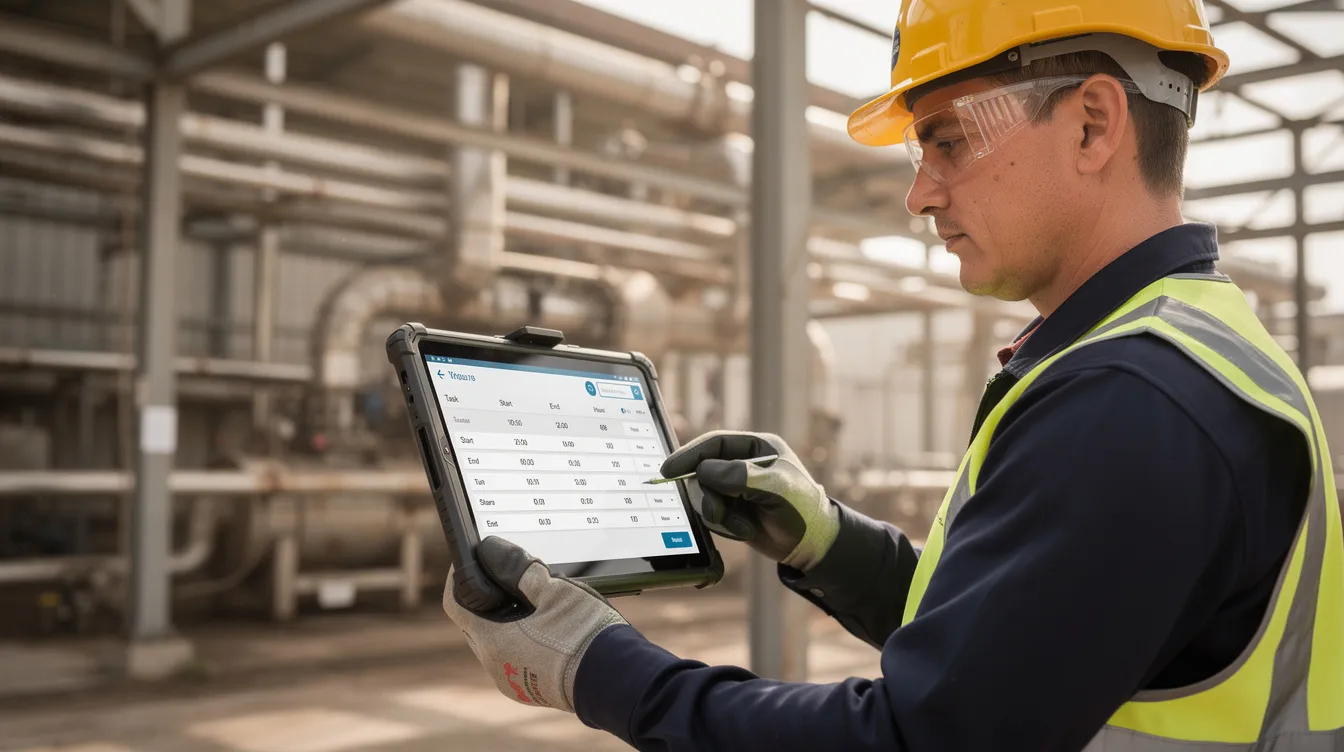 Industrial technician using tablet device to log work hours on site for apprenticeship work process schedule tracking.