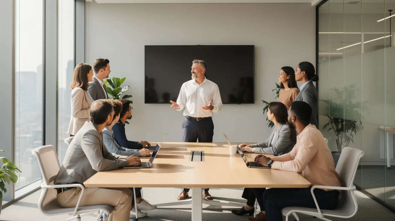 L'image montre un leader debout devant une équipe diversifiée dans une salle de réunion moderne, illuminée par la lumière naturelle. Ce moment illustre l'influence du leader sur ses collaborateurs, mettant en avant ses compétences en communication et sa capacité à inspirer l'engagement au sein de l'équipe.