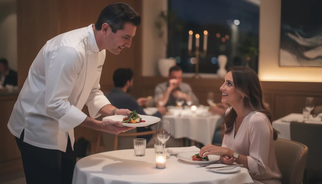 A chef is personally presenting a beautifully plated dish to a couple at their table in a dimly lit, romantic restaurant, creating an intimate atmosphere perfect for a special date night. The scene captures the old school charm of a cozy dining room, complete with flickering candlelight and a warm, inviting ambiance.