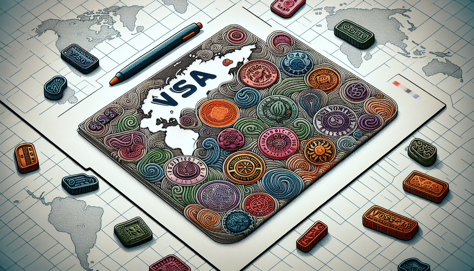 Illustration of a visa document with a world map background