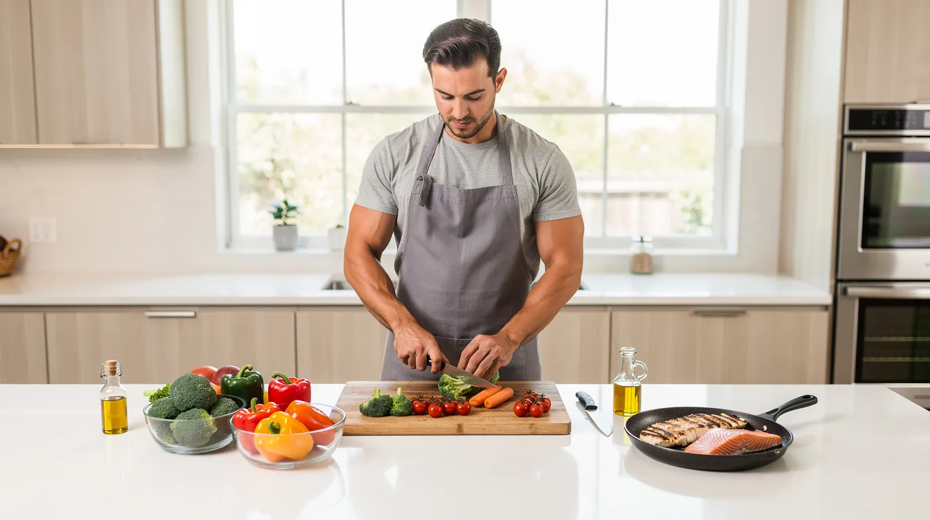 A man is seen in a modern kitchen preparing a healthy meal that includes fresh vegetables and lean protein, emphasizing good health and energy levels. This nutritious meal could support testosterone production and overall wellness, aligning with the benefits of dietary supplements like Novex Biotech Testrovax.