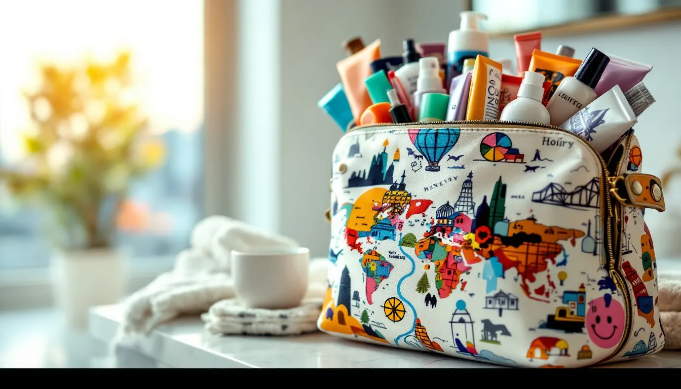 A spacious toiletry bag filled with travel-sized products.