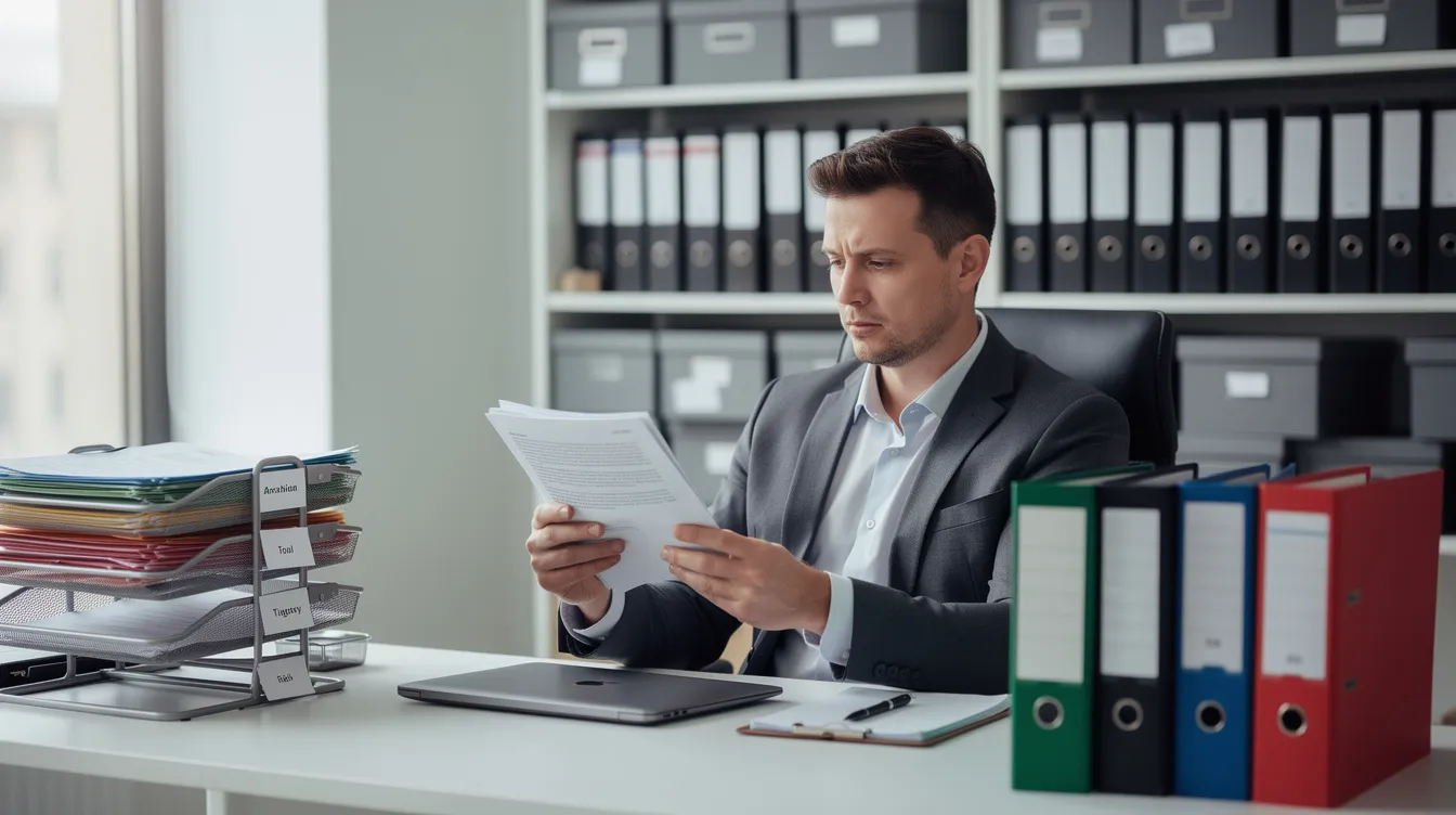 An office manager is seated at a desk, meticulously reviewing organized paperwork and files, likely related to dental billing services and insurance claims for dental practices. The scene reflects a focus on practice management and operational efficiency in the dental industry.