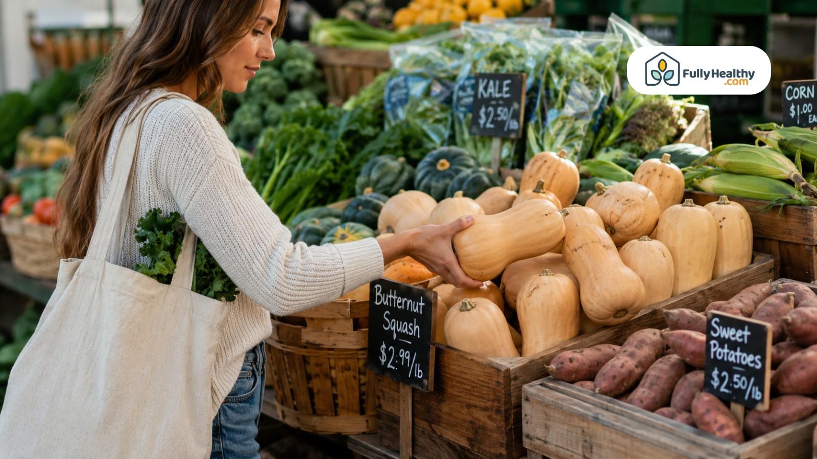 Shopper selecting butternut squash from market display beside fresh vegetables