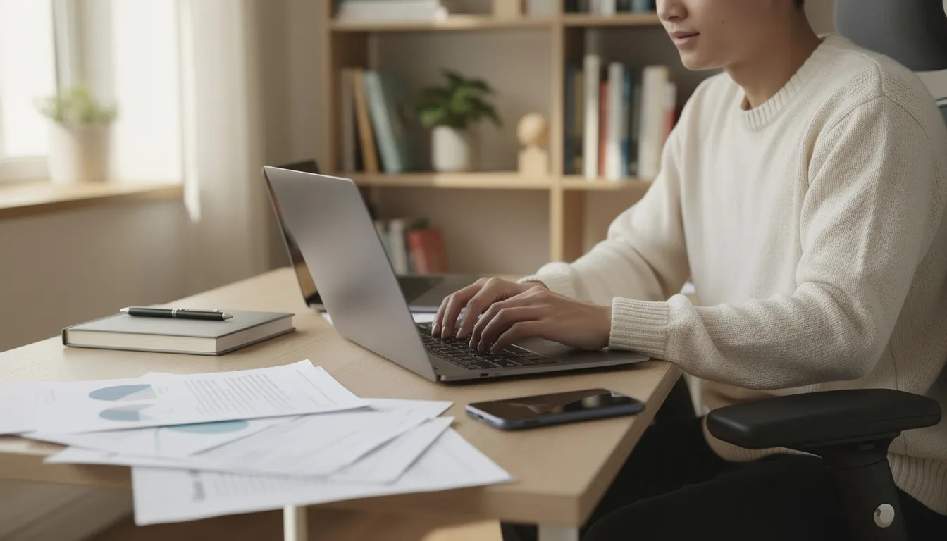 A real estate investor sitting at a laptop in a home office, surrounded by papers and a phone, focused on finding motivated sellers.