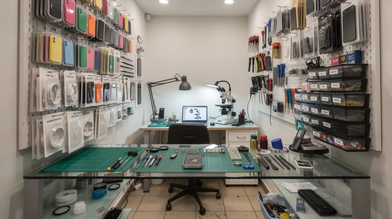 8dc74ed7 5563 48e3 9d08 0609656189b6 The image shows a small mobile phone repair shop with various tools and accessories neatly arranged on shelves, creating an organized workspace for small business owners. This setting exemplifies a basic business plan environment where micro entrepreneurs can thrive, potentially applying for a mudra loan to support their operations.