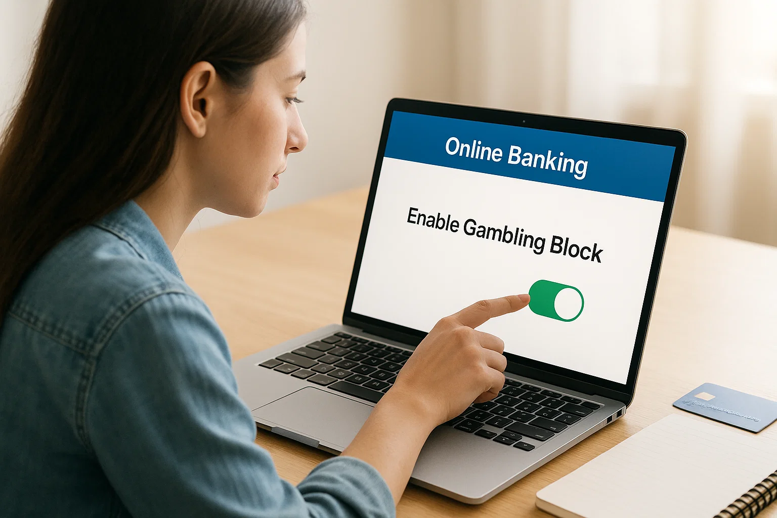 Woman enabling a gambling block on her online banking app, with text clearly showing “Enable Gambling Block.”