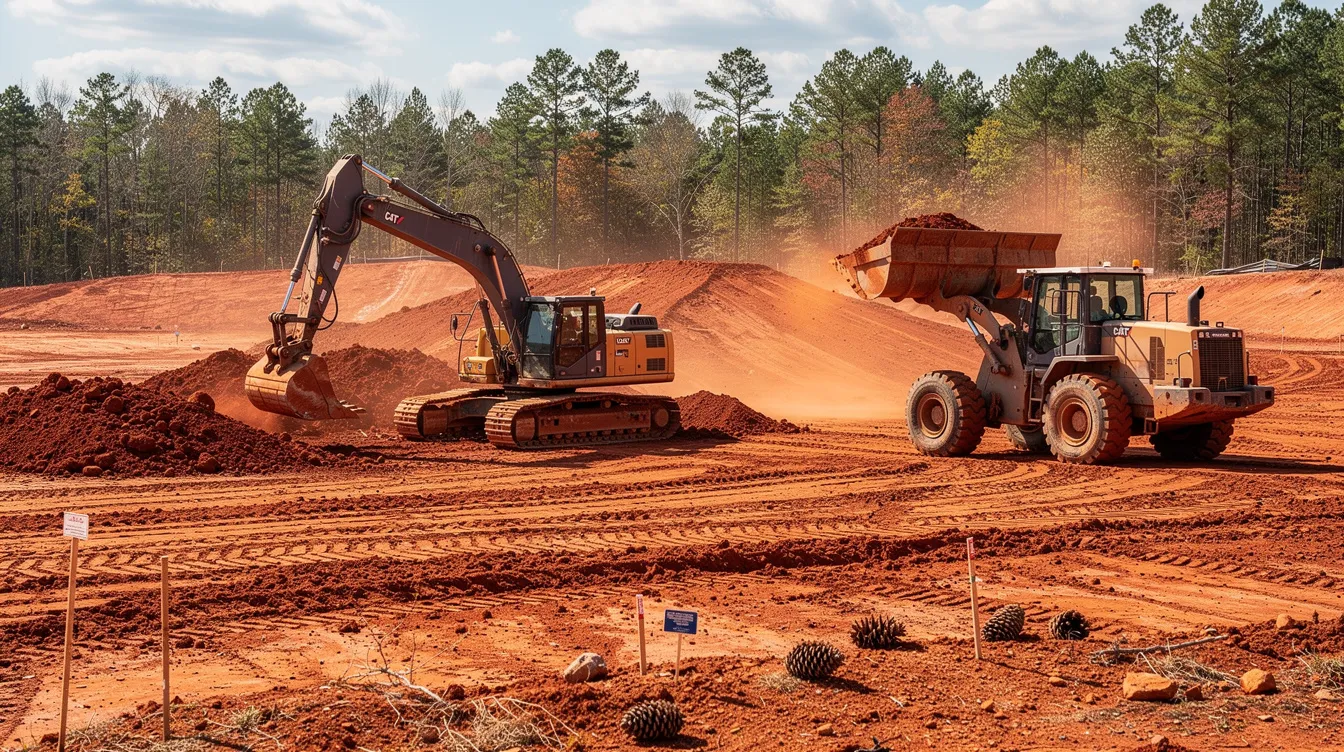 Heavy construction equipment working on a red-clay jobsite, illustrating equipment visibility and utilization on active Carolinas projects.