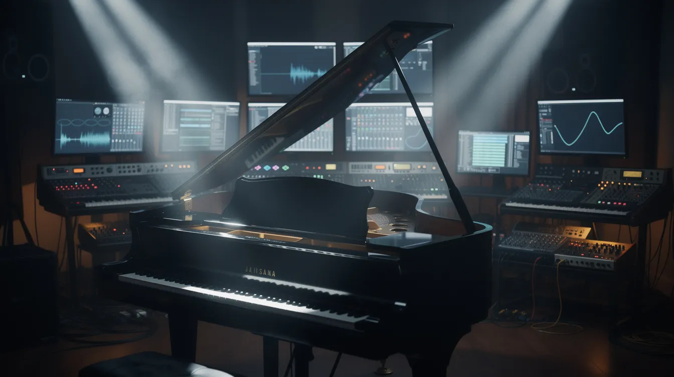 Ein Konzertflügel steht in einem abgedunkelten Studio, umgeben von dramatischer Beleuchtung, Synthesizern und Bildschirmen im Hintergrund. Diese Szene vermittelt die kreative Atmosphäre, die oft mit der Arbeit von Filmkomponisten wie Hans Zimmer in Verbindung gebracht wird.