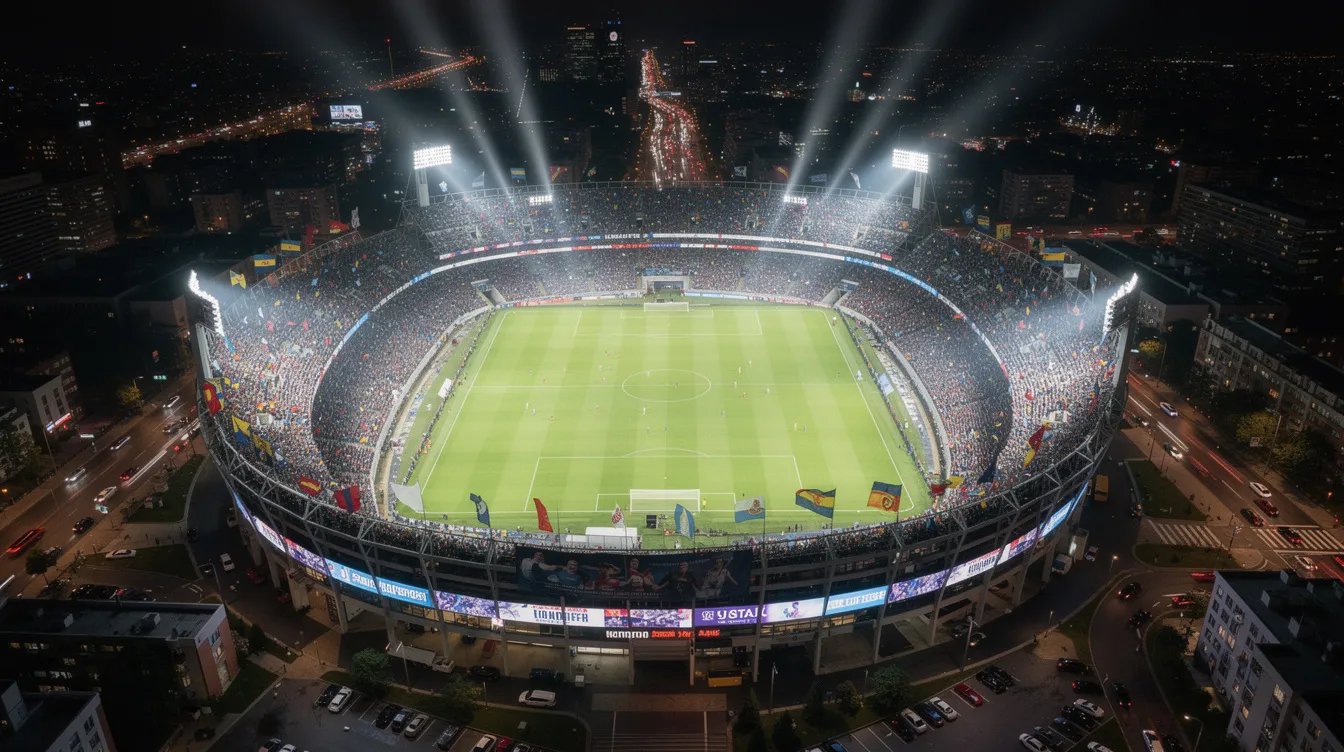 Das Bild zeigt eine beeindruckende Vogelperspektive auf ein großes Fußballstadion, das bei Flutlicht erleuchtet ist. Auf den Rängen sind zahlreiche Fans zu sehen, die die Atmosphäre des Spiels genießen und die Leidenschaft für den Sport ausstrahlen.