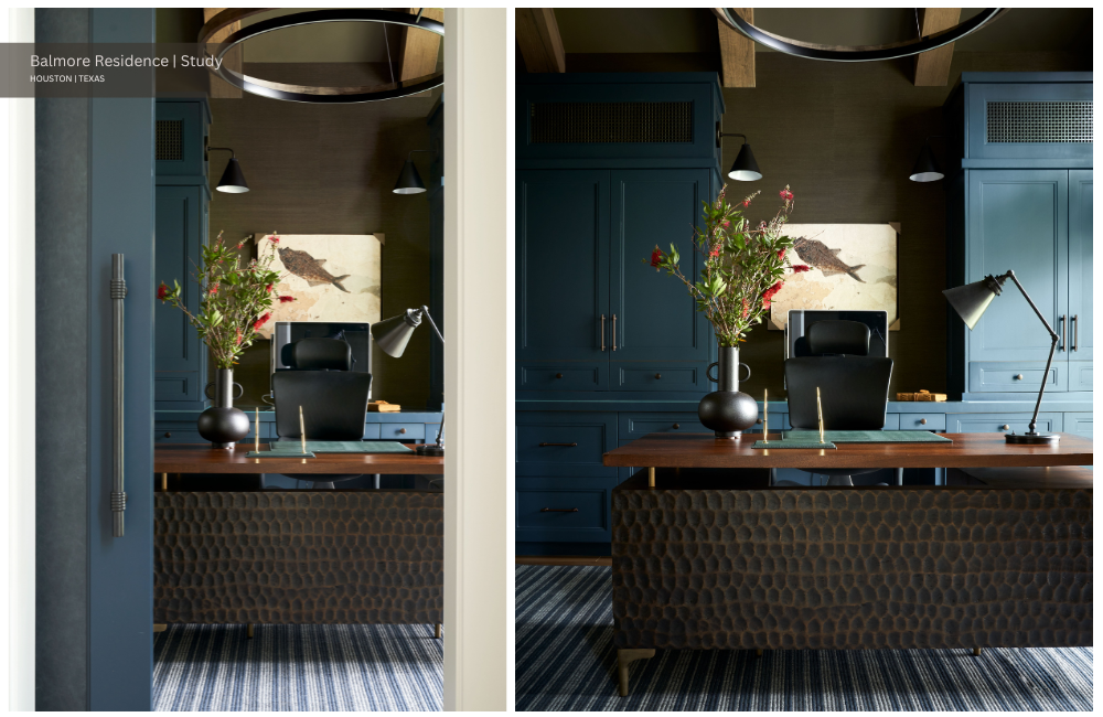 a blue, brass, and walnut study with custom millwork