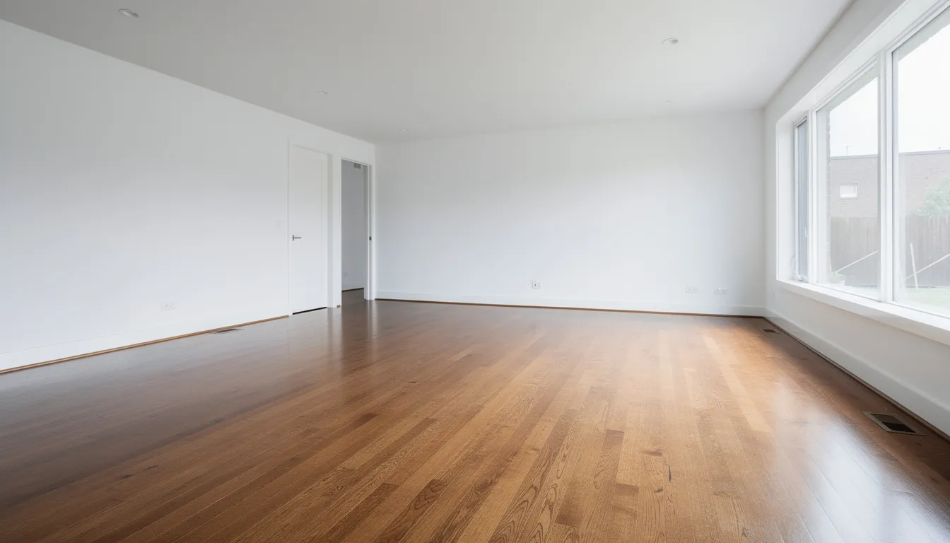 The image depicts an empty, clean living room featuring polished hardwood floors, perfectly staged for real estate photography, suggesting a space ready for new tenants. This pristine environment highlights the effectiveness of reliable cleanout services in preparing a property for sale without any unwanted junk or clutter.