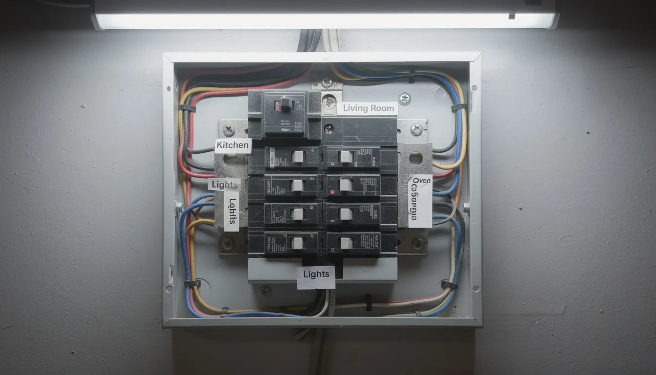 The image depicts an electrical breaker panel featuring multiple labeled circuit breakers, which are essential components for managing power distribution in a home. This control panel is designed for convenience, allowing users to easily identify and reset breakers related to various functions, including lighting and heaters, enhancing the overall sauna experience.