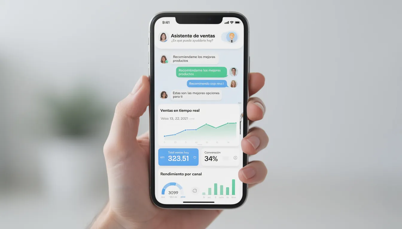 La imagen muestra la interfaz de una aplicación móvil que presenta un asistente virtual de ventas en acción, con métricas en tiempo real sobre el rendimiento del equipo de ventas y la captación de clientes. Se pueden observar gráficos y datos que indican el progreso en la conversión de prospectos y la gestión de tareas a través de la inteligencia artificial.