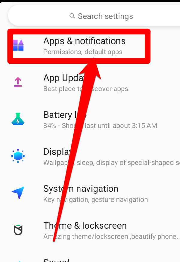 Image showing the apps and notification option on your device settings app