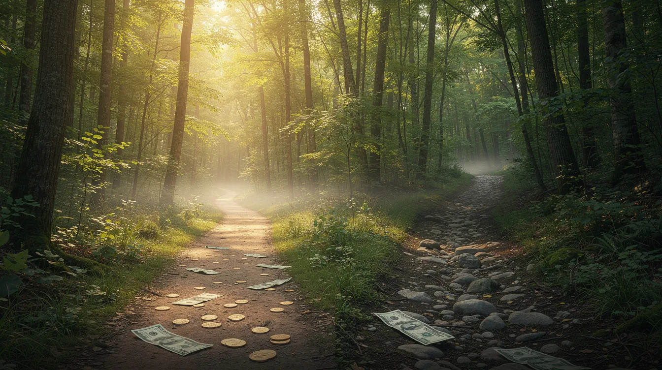 The image depicts two diverging paths in a serene forest, symbolizing different financial choices one might face, such as selecting between various 二線 清 數 options or private loans. Each path represents a unique financial journey, reflecting the importance of evaluating factors like 還款 期 and 信貸 評 級.