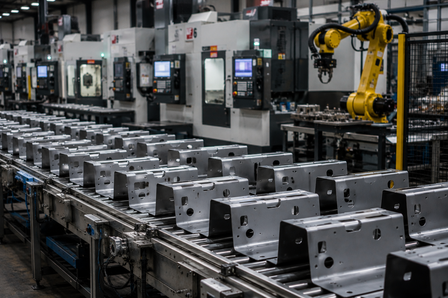 Engineering team refurbishing industrial manufacturing machinery inside a fabrication workshop.